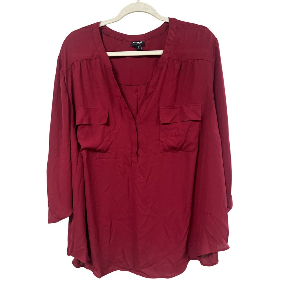 Torrid Harper 4X Burgundy Wine V-Neck Roll Tab Sleeve Pullover Blouse Plus